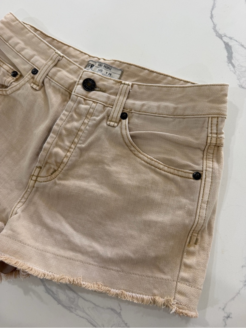 Free People We The Free Cut-Off Denim Shorts Beige Tan Button Fly Size 26